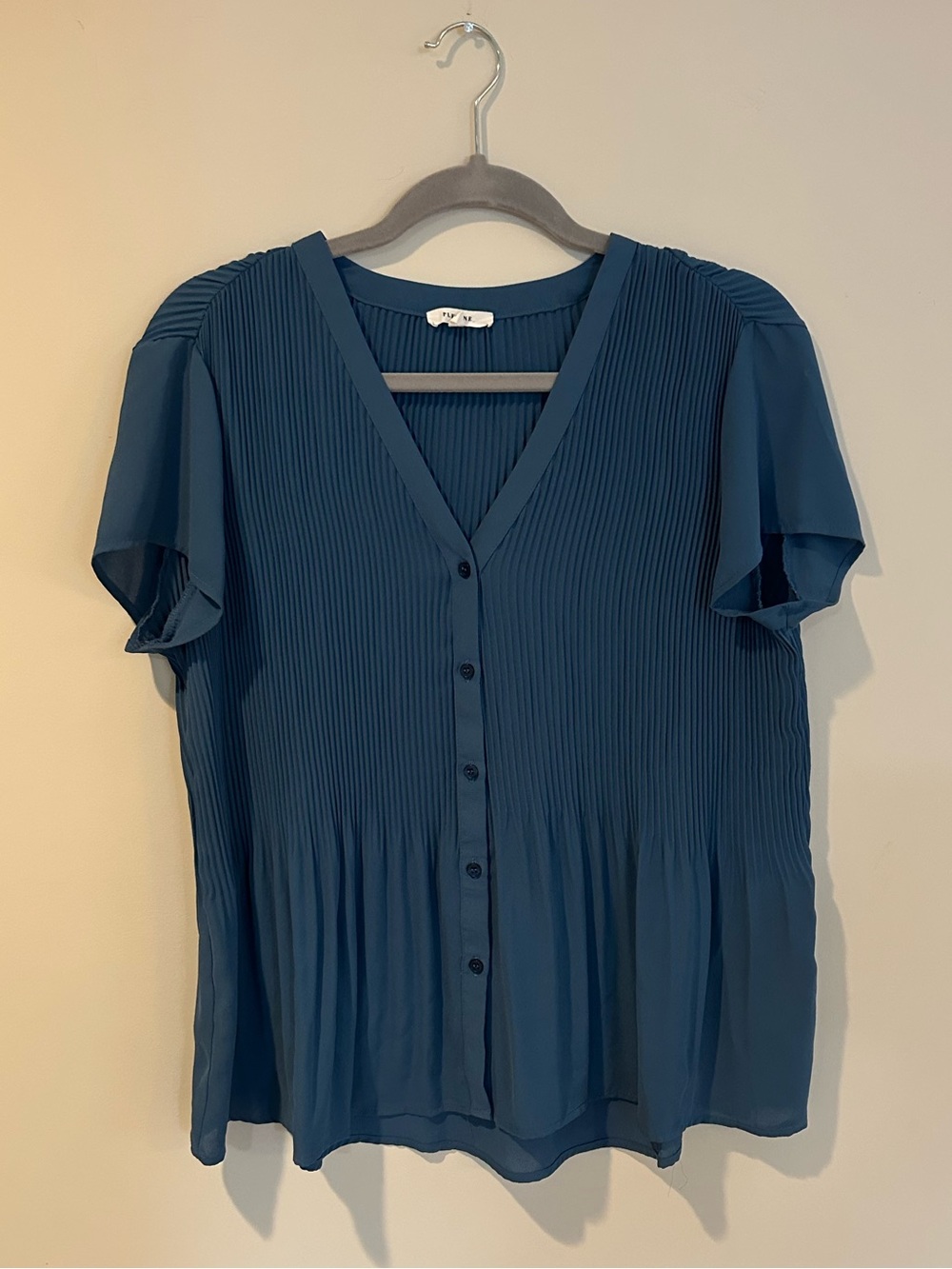 Pleione Teal Pleated V-Neck Button Blouse